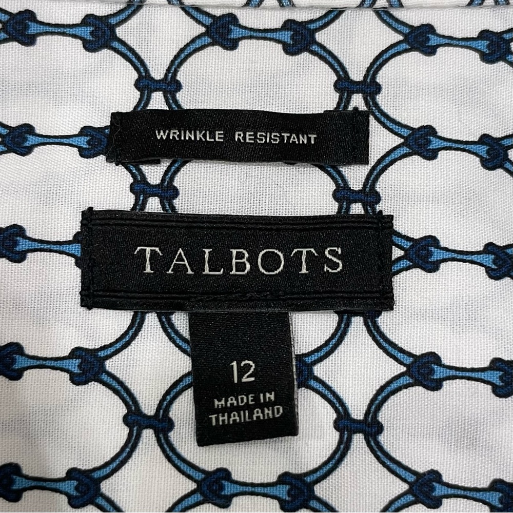 TALBOTS Wrinkle-Resistant Button Down Shirt Size 12 White & Blue Chain Print - Picture 3 of 16